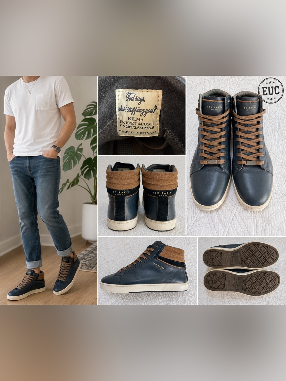 Ted Baker London Kilma Leather High Top Sneakers Men’s Size 11 Brown Luxury